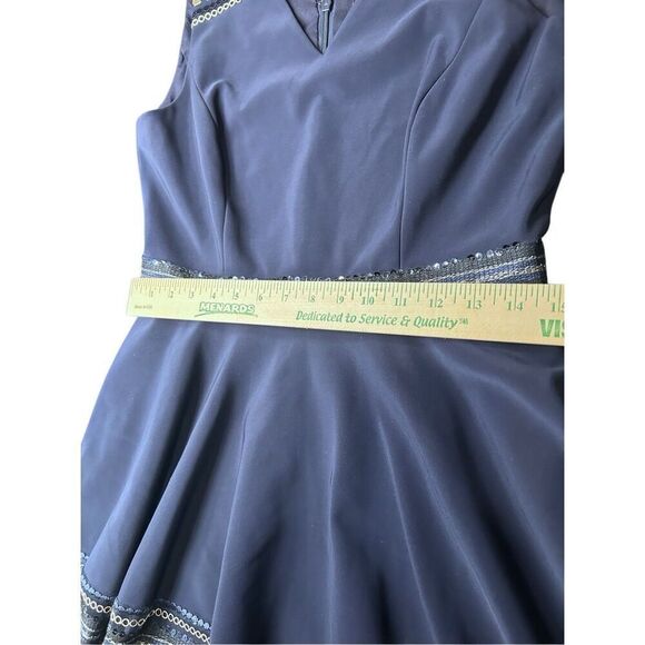 Tahari Arthur S Levine Navy V-Neck A-Line Sleeveless Dress Sz 8 Sequin Embroider - Picture 6 of 12
